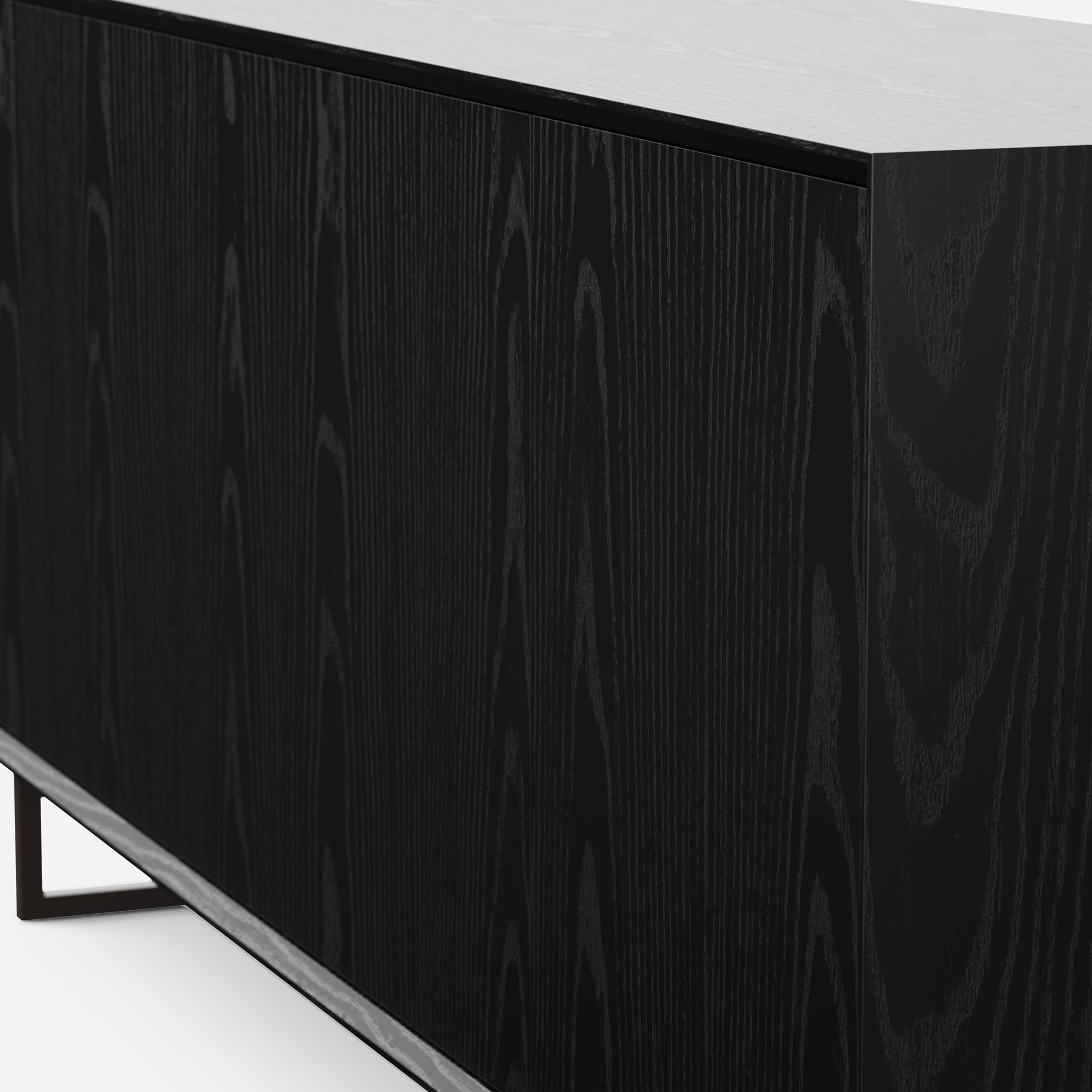 Front view of a black wood cabinet with two doors and frame around edges.