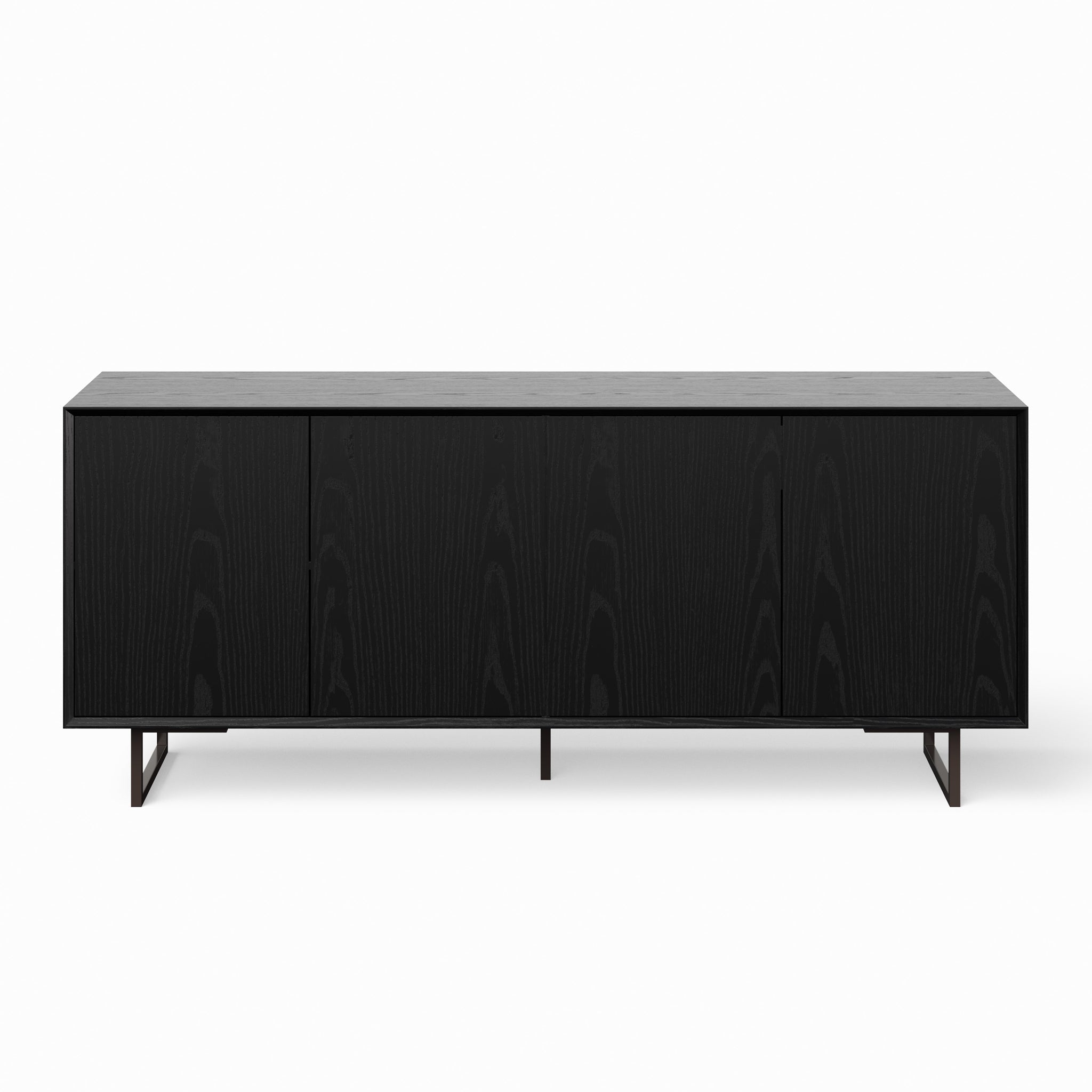 Light wood sideboard with four doors and metal legs, shown from a low angle.