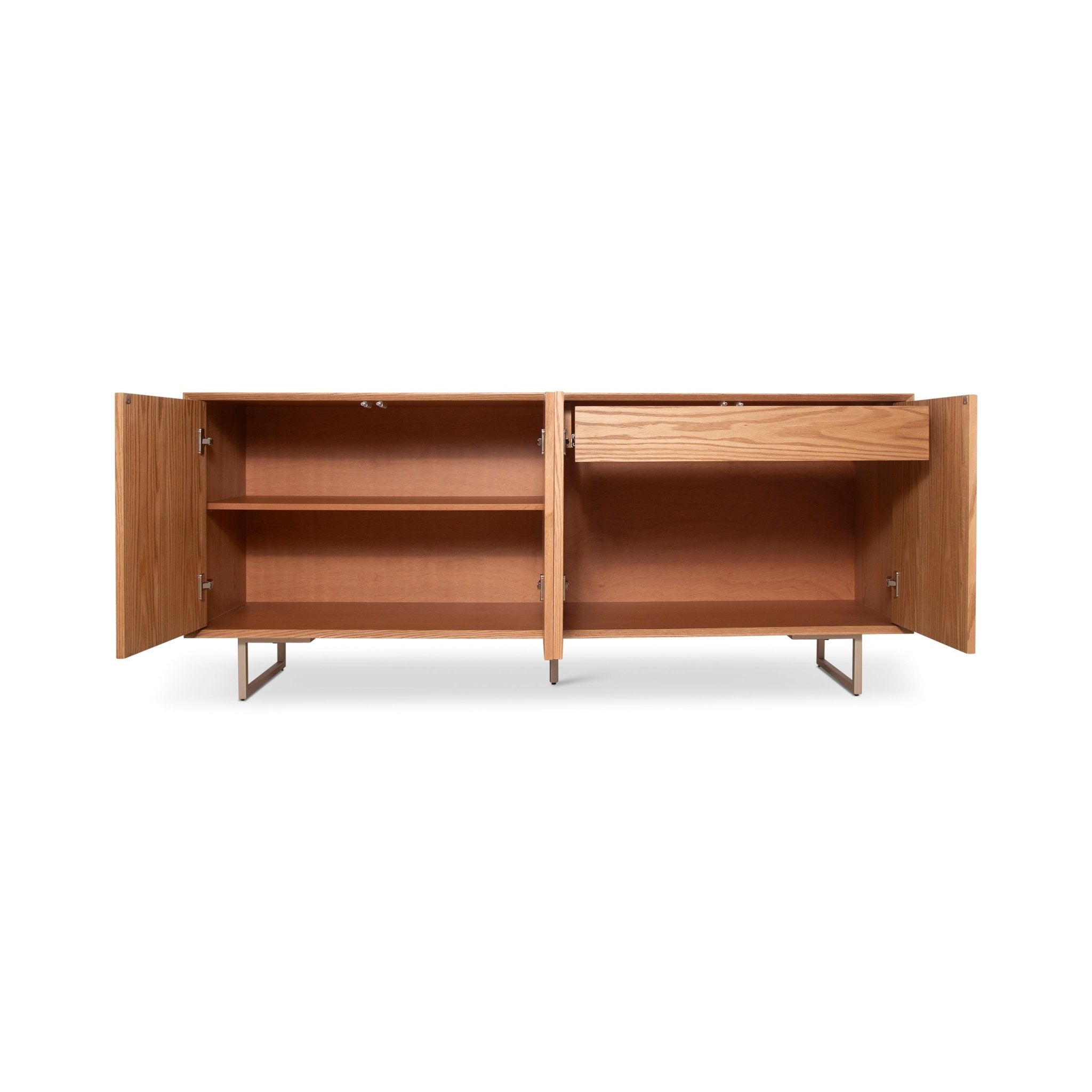 Long light wood sideboard with three drawers on the right and large storage on left.