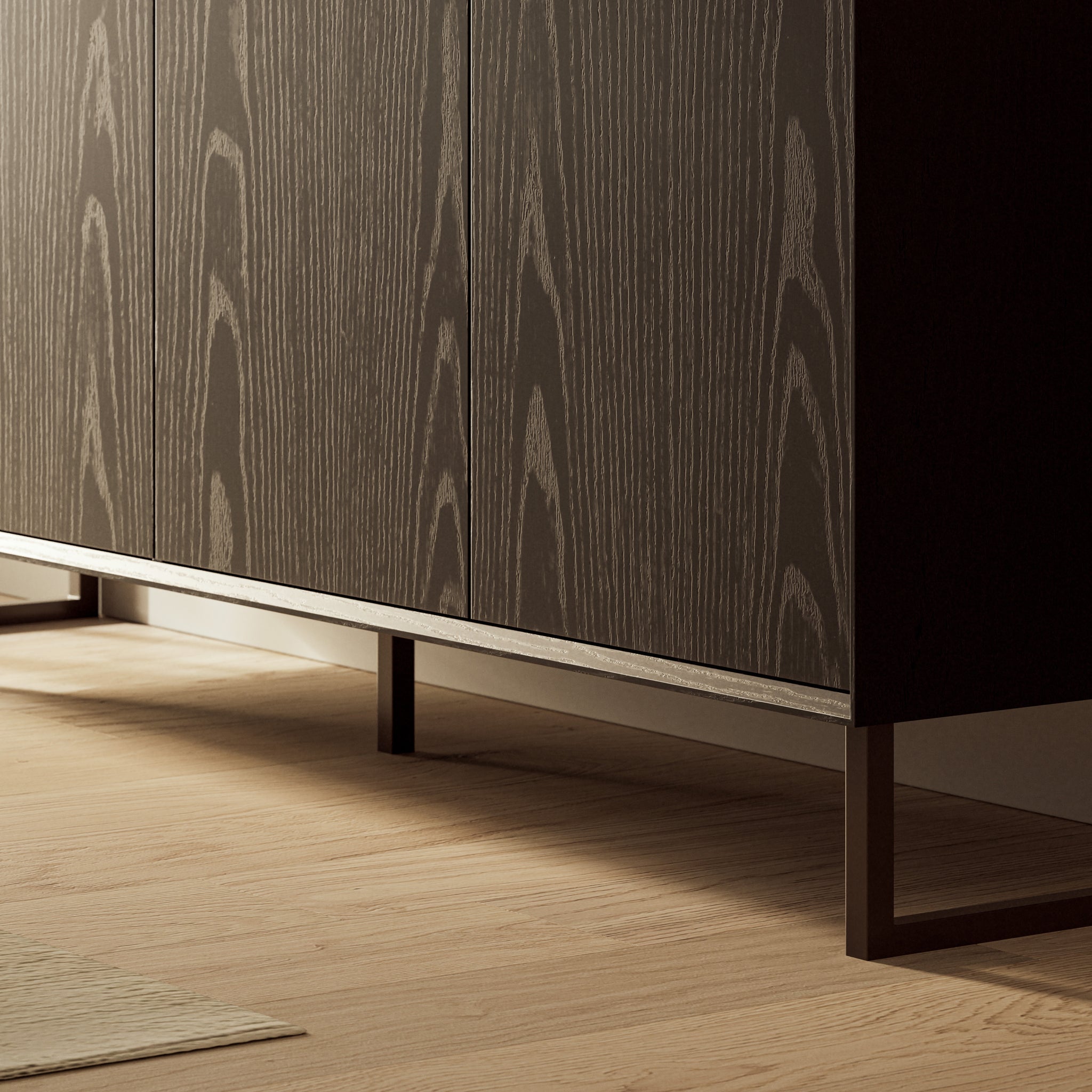 Long wooden sideboard with four doors, light wood finish and metal legs, photographed in white background.