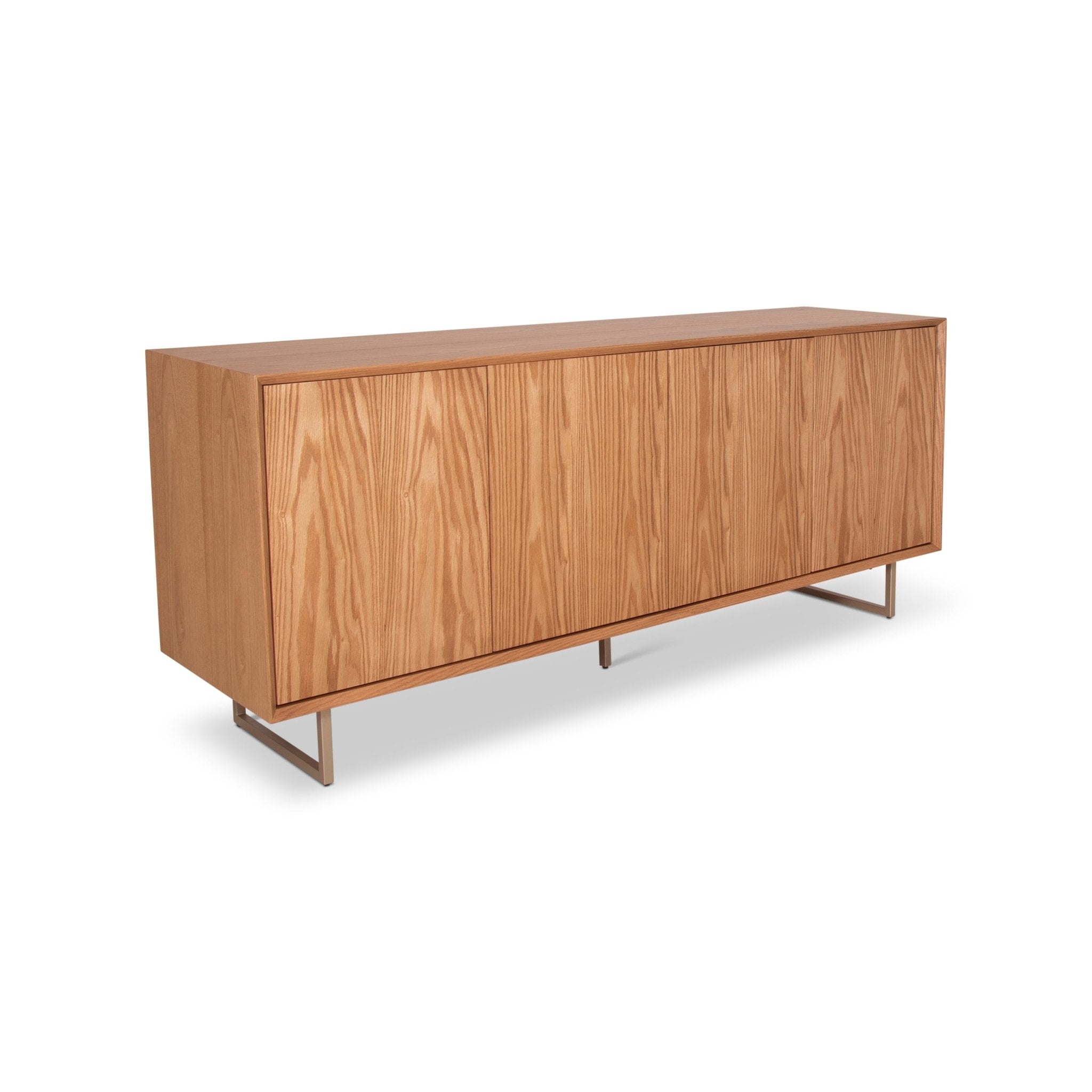 Dining room sideboard with two-tone wood and decor items on top