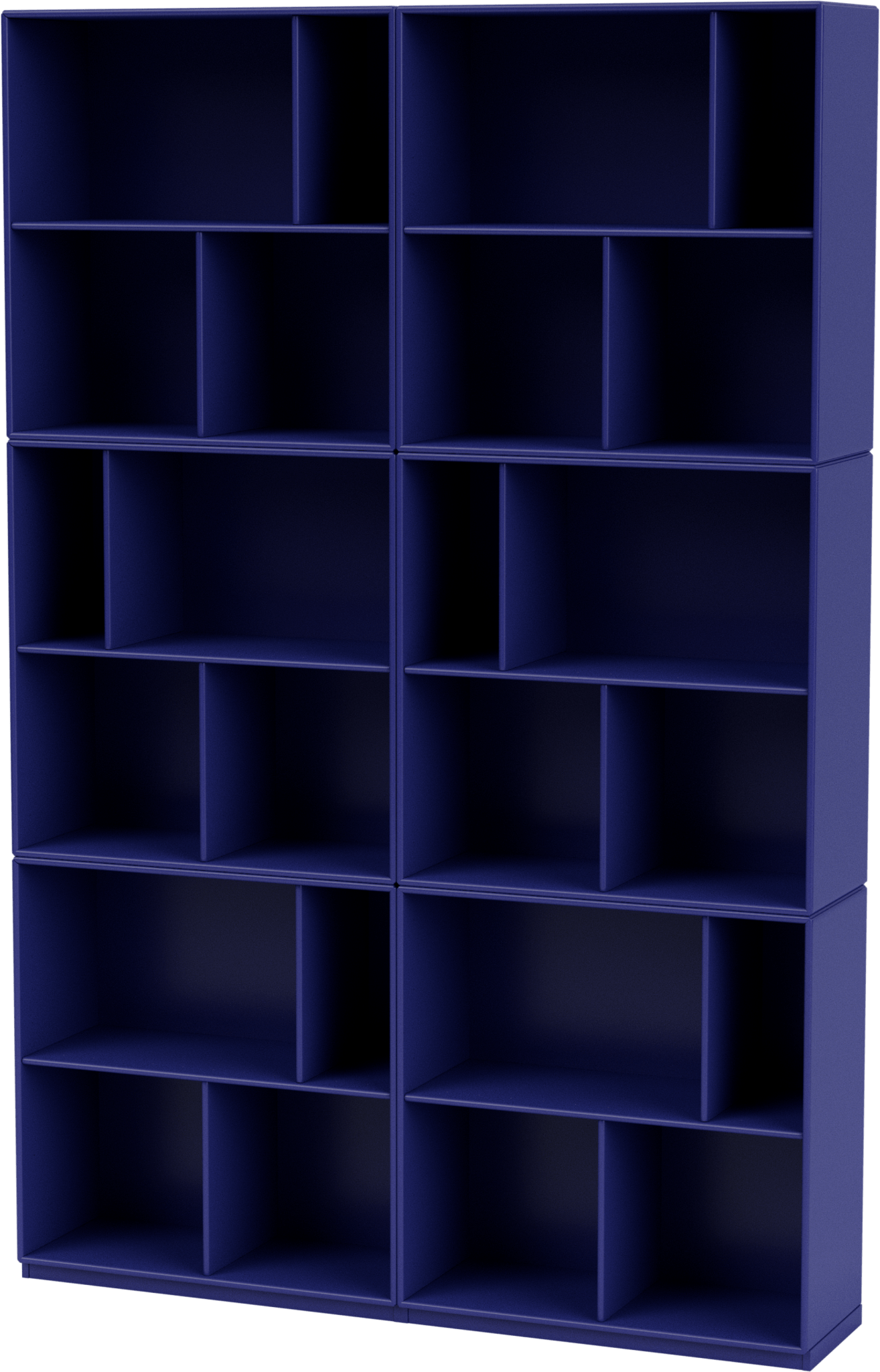 A deep blue spacious bookshelf with asymmetrical compartments.