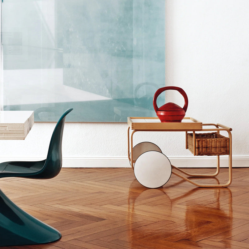 Tea Trolley 900 by Alvar Aalto - Artek Trolleys + Carts - White Laminate Shelves - HORNE