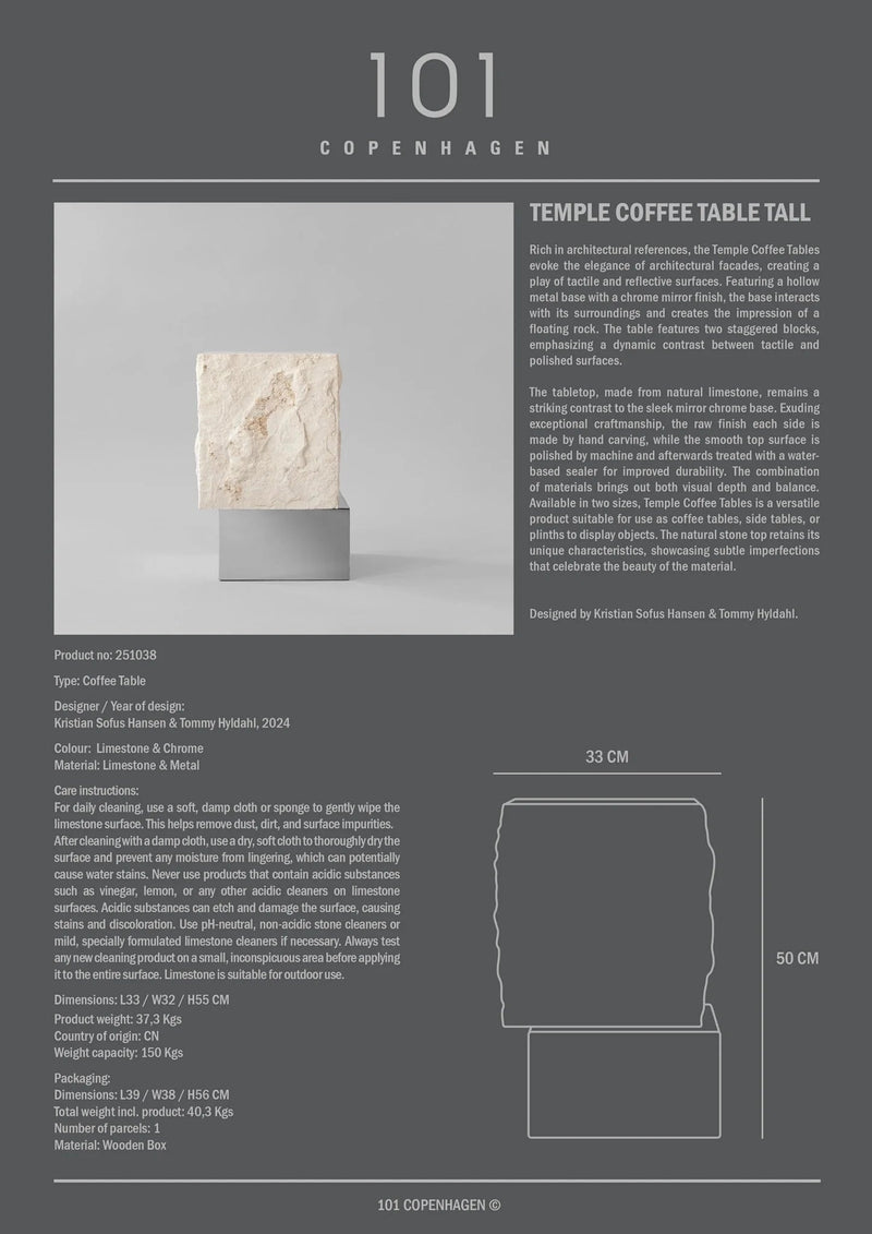 Temple Coffee Table - 101 Copenhagen Coffee Tables - Tall - Chrome / Limestone - HORNE