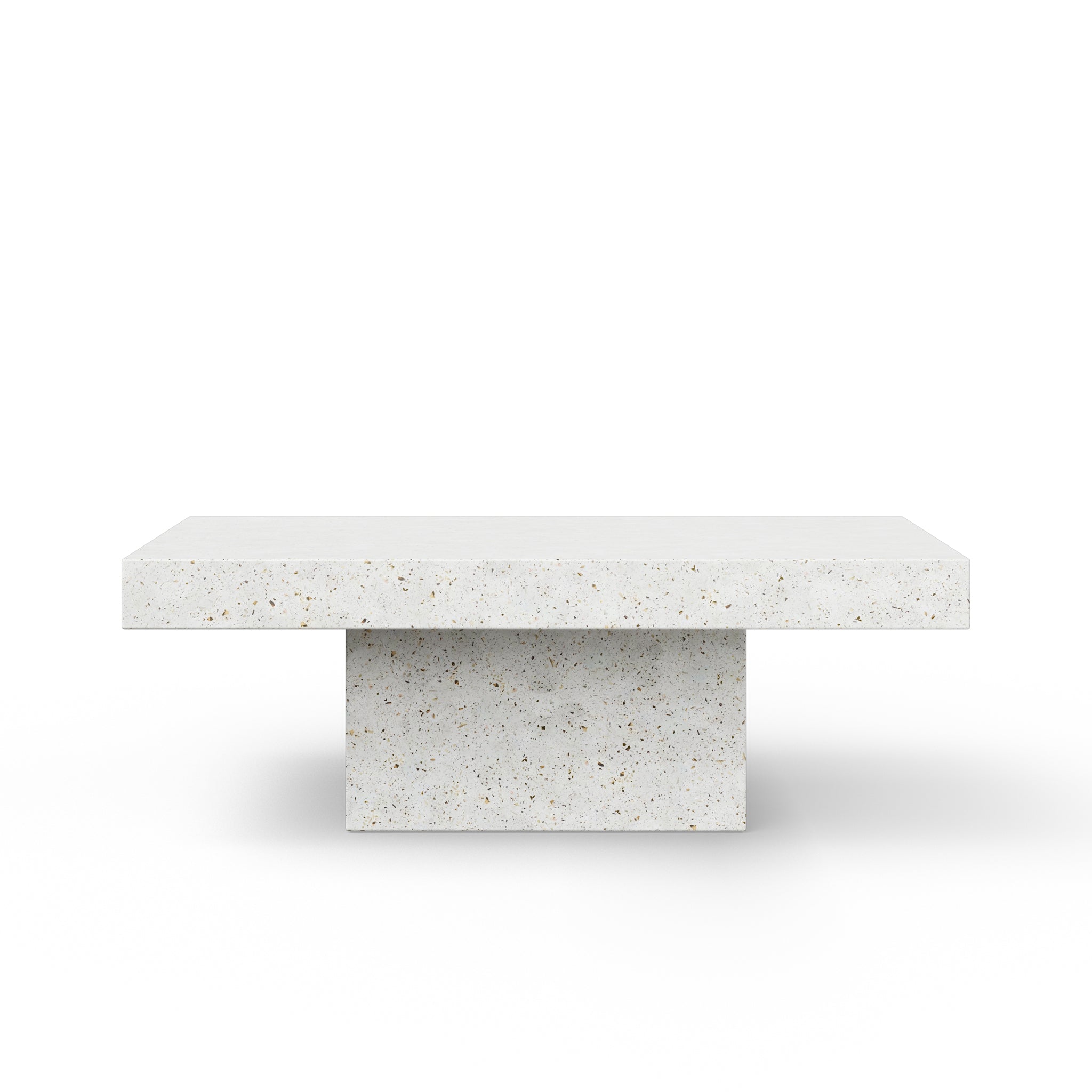 Terrazzo coffee table with square base and thick top, front left view