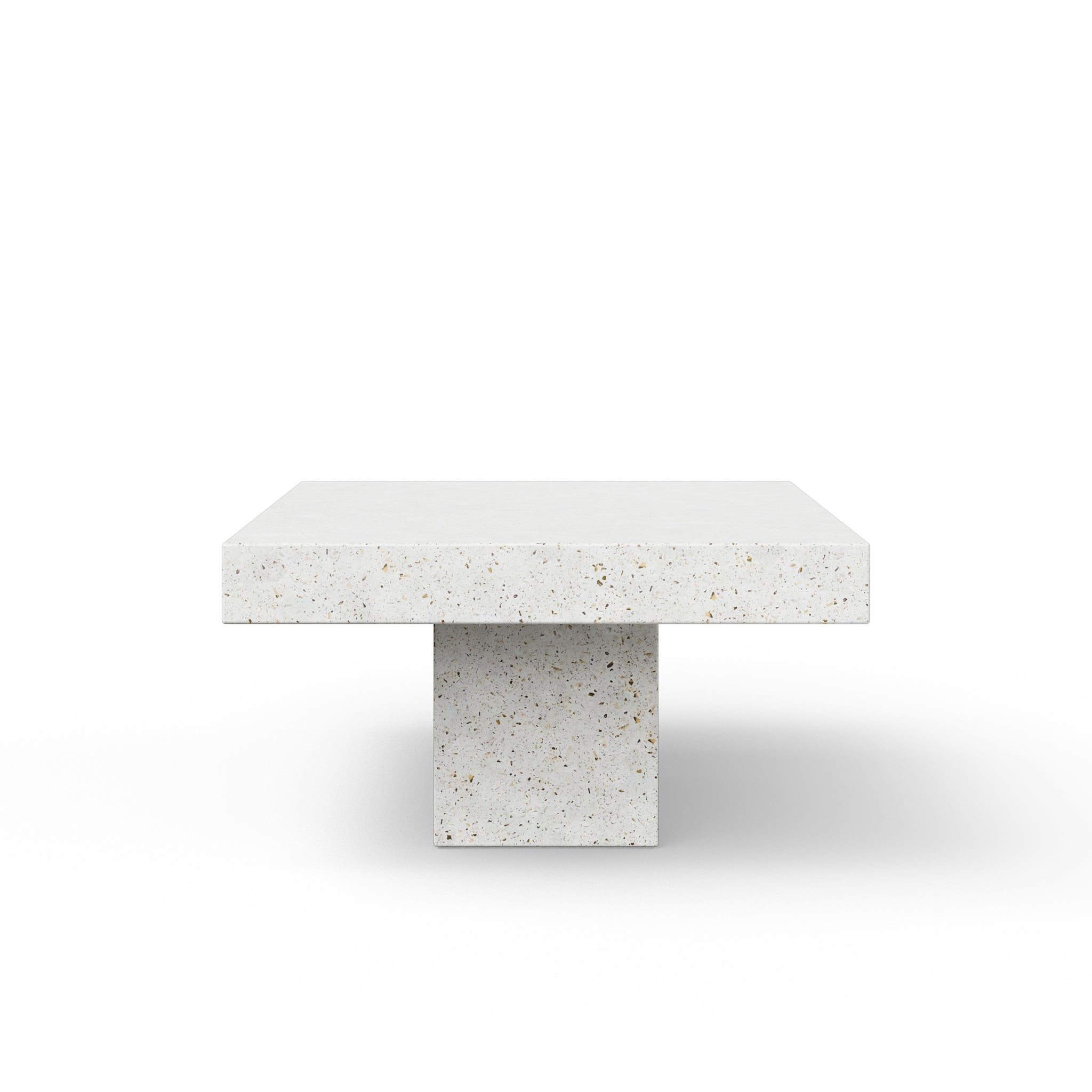 Terrazzo table with square pedestal base and rectangular top, side view