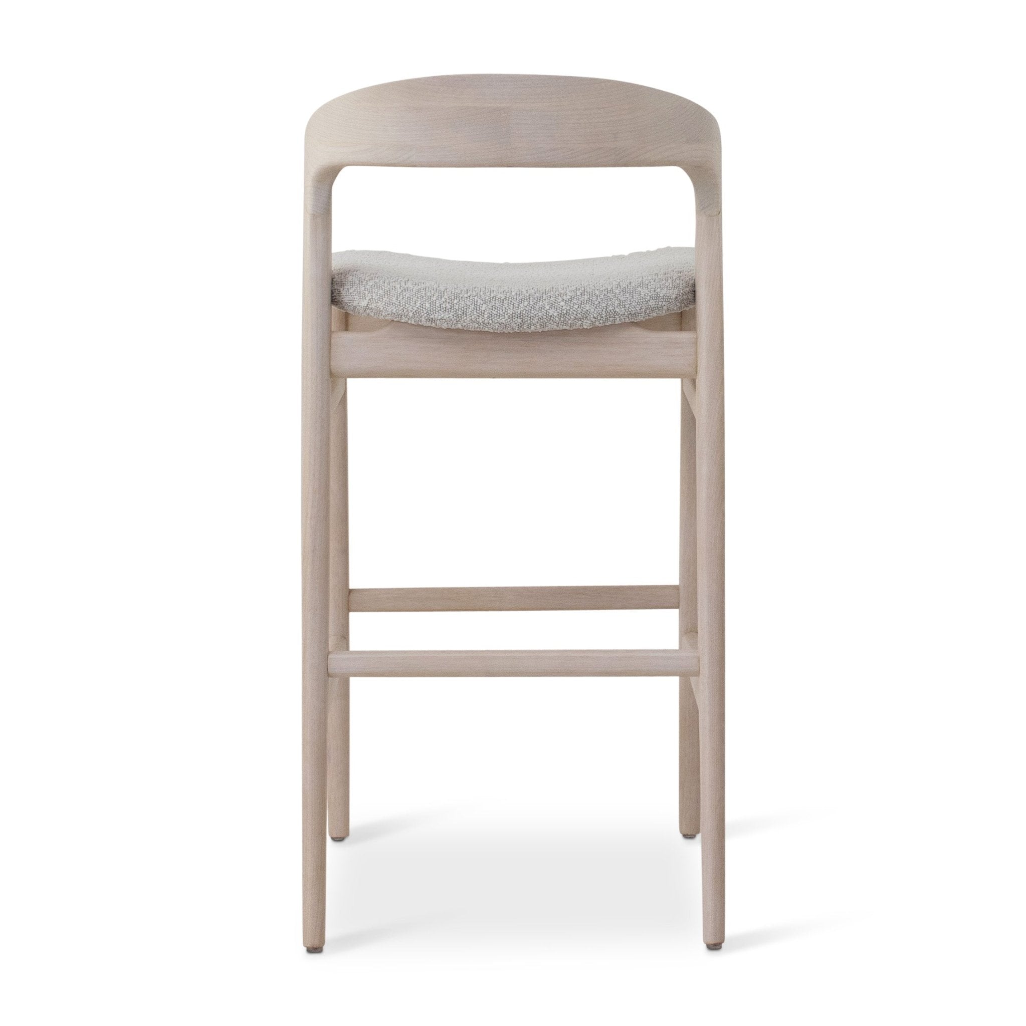 Front view of a dark wood bar stool with white cushioned seat.