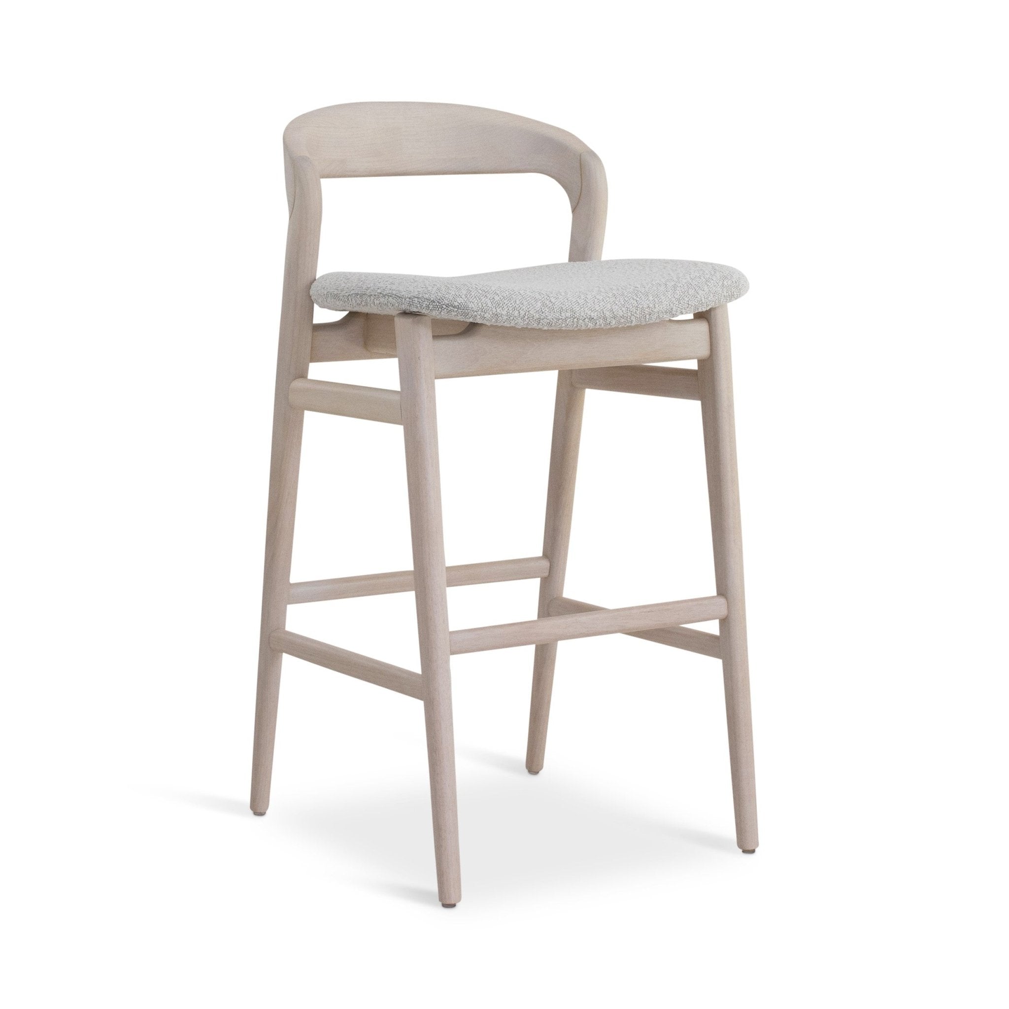 Front view of a light wood bar stool with rounded back and gray seat cushion.