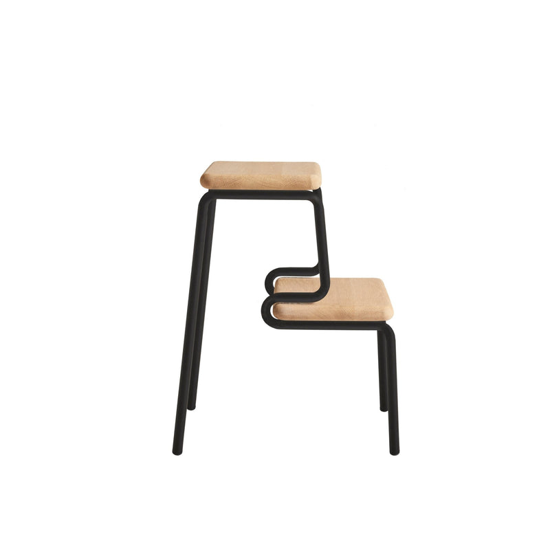 woud Slalom Step Stool - Woud - Ladder + Step Stool - White Pigmented Lacquered Solid Oak w/ Black Painted Legs - HORNE