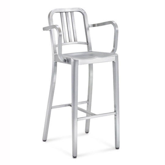 1006 Navy Barstool With Arms - Emeco - Stools + Benches + Ottomans - Brushed - HORNE