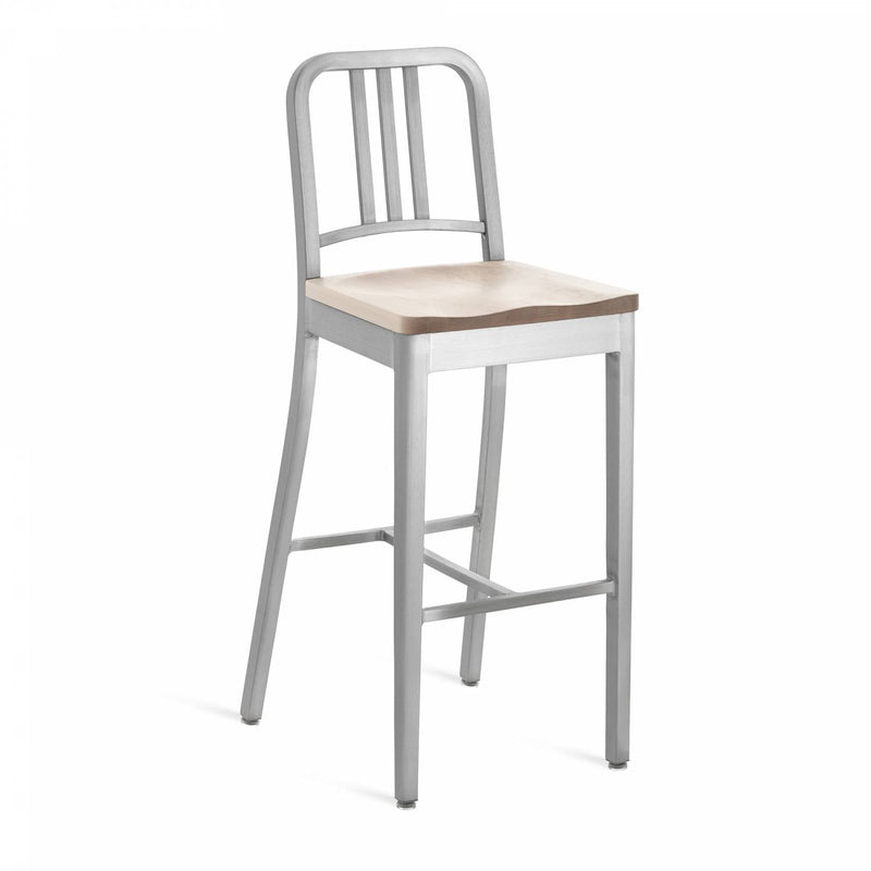 1104 Navy Barstool With Wood Seat - Emeco - Chairs - Brushed - Cherry - HORNE