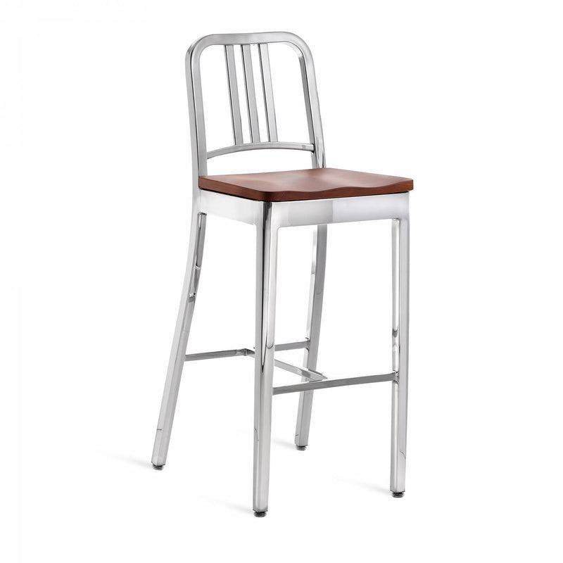 1104 Navy Barstool With Wood Seat - Emeco - Chairs - Brushed - Cherry - HORNE