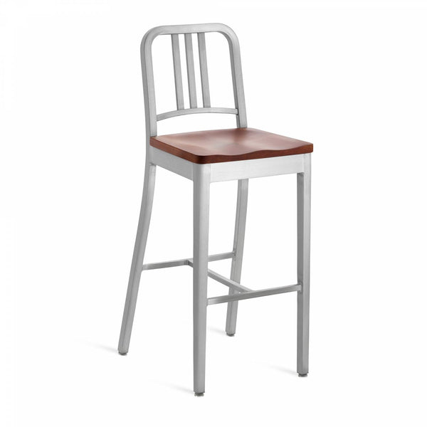 1104 Navy Barstool With Wood Seat - Emeco - Chairs - Brushed - Cherry - HORNE