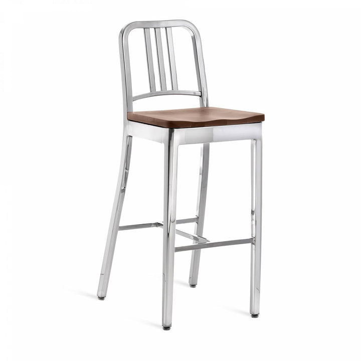 1104 Navy Barstool With Wood Seat - Emeco - Chairs - Polished - Walnut - HORNE
