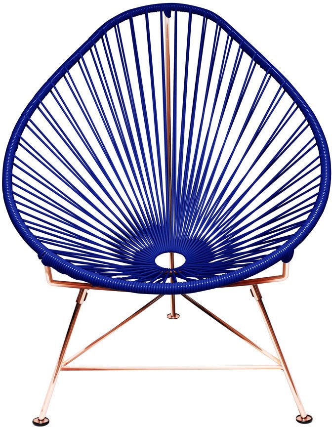 Blue circular woven chair with copper frame, modern Acapulco-style seating