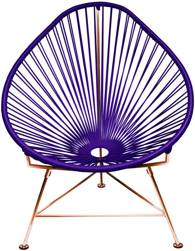 Red circular woven chair with rose-gold metal legs, Acapulco-style lounge chair