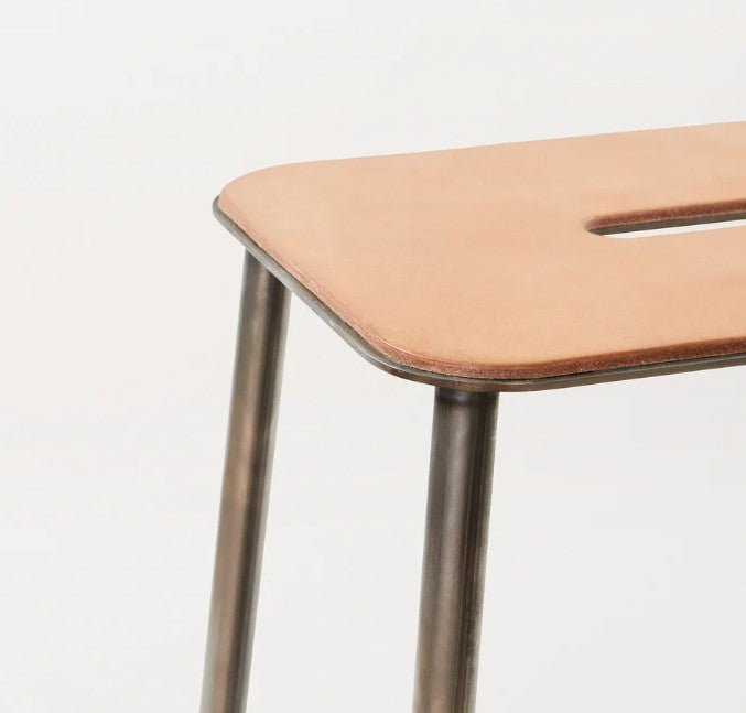 Adam Stool - Frama - Stools + Benches + Ottomans - Tall - 29.9" - Natural Leather/Raw Steel - HORNE