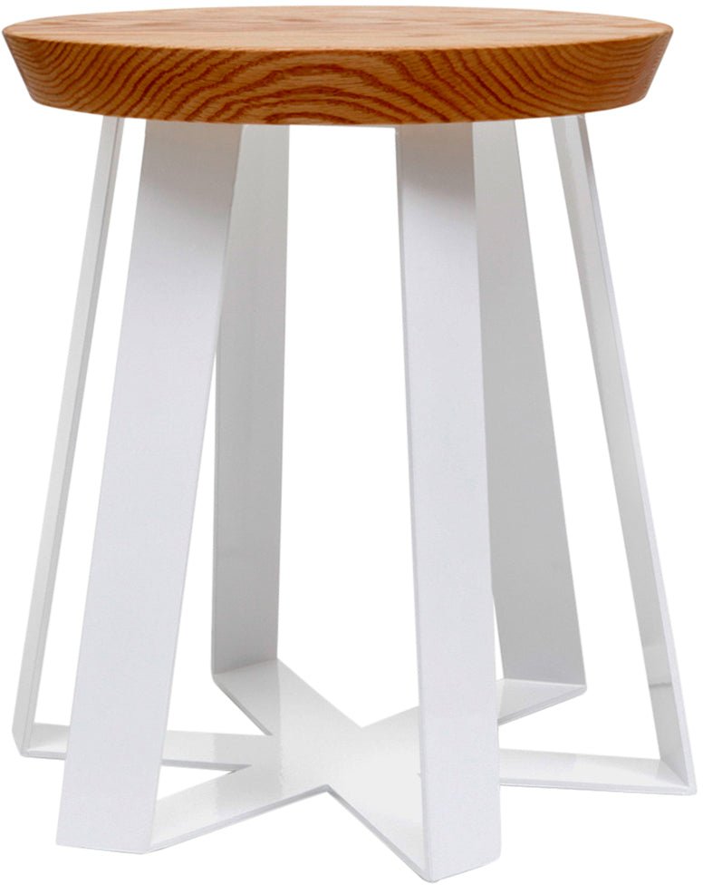 Round wood tabletop stool with red angular metal legs, similar design in bold red finish.