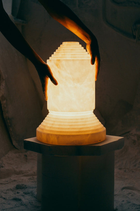 Santa & Cole Babel Alabaster Artistic Table Lamp Lit Up in the Dark