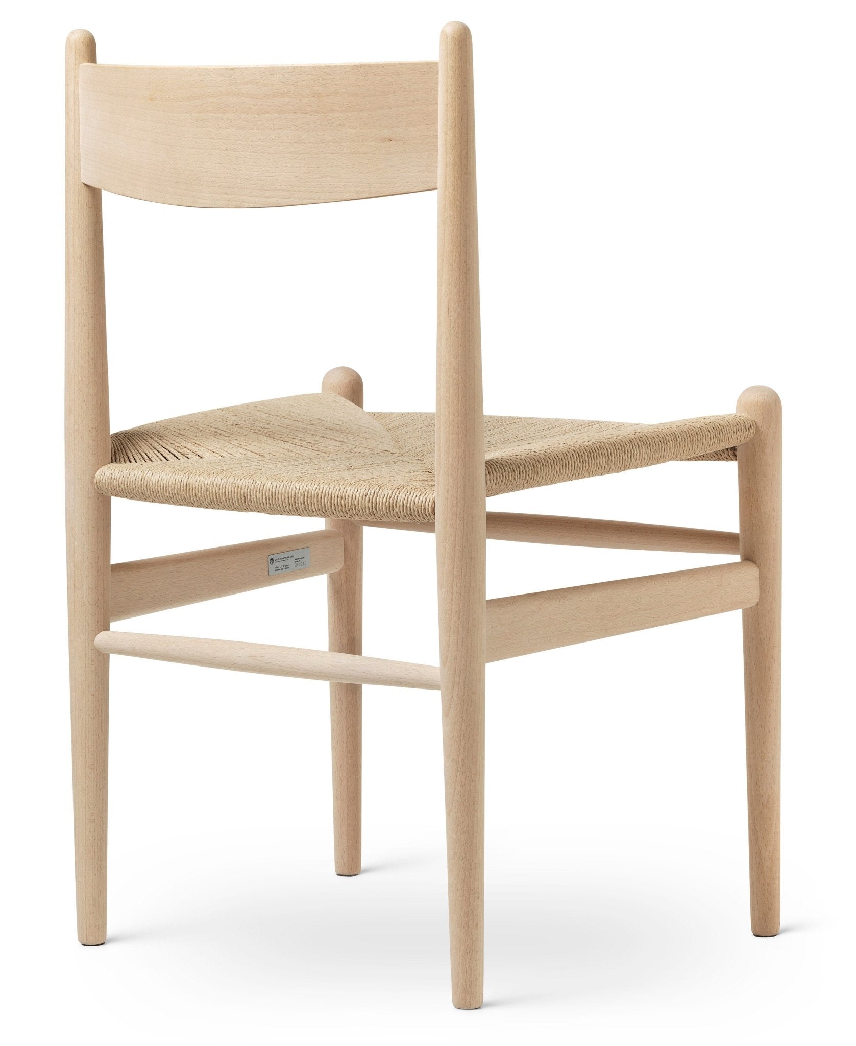 Wooden chair with natural finish and woven seat, front-right angle view