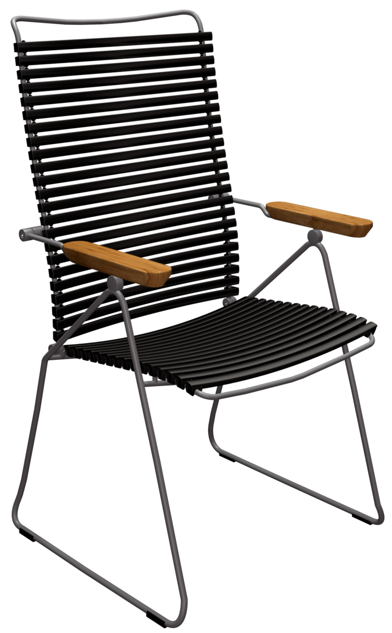 Outdoor lounge chair with a high back made of horizontal metal slats and wooden armrests, on a metal frame.