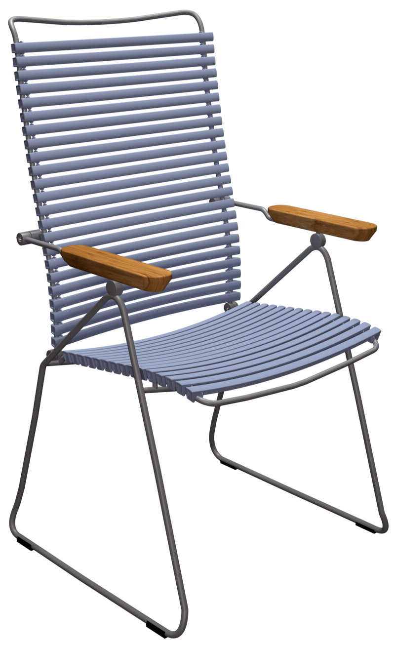 Green-gray/olive outdoor lounge chair on metal frame with wood armrests.