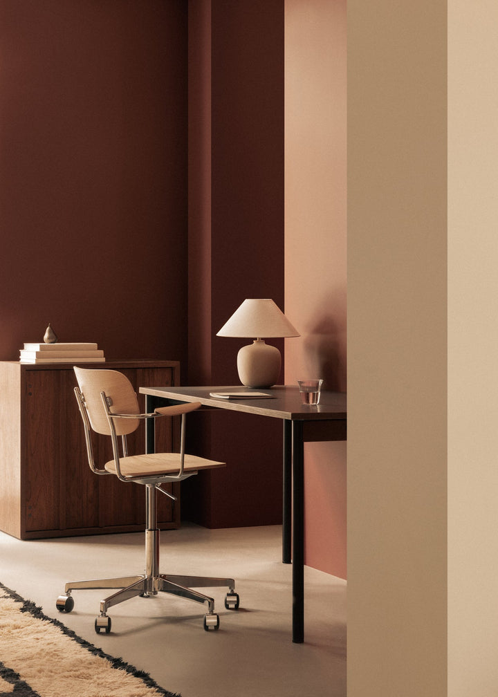 Co Table - Audo Copenhagen - Tables + Desks - 27.5" x 55" - Chrome - Laminate Creme - w/ Cable Management - HORNE