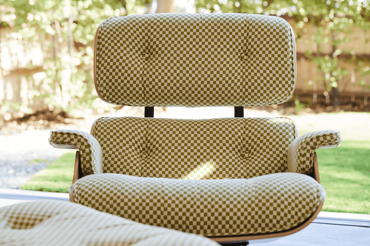 Eames® Lounge Chair and Ottoman - Alexander Girard Check - Herman Miller® - Chairs - Tall - Oiled Walnut - Emerald Light/Ivory Checker - HORNE