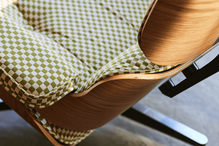 Eames® Lounge Chair and Ottoman - Alexander Girard Check - Herman Miller® - Chairs - Tall - Oiled Walnut - Emerald Light/Ivory Checker - HORNE