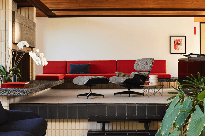 Eames® Lounge Chair and Ottoman - Alexander Girard Check - Herman Miller® - Chairs - Tall - Oiled Walnut - Emerald Light/Ivory Checker - HORNE