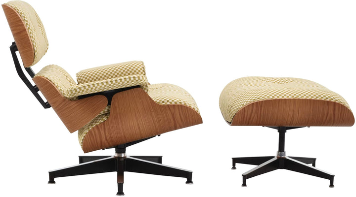 Eames® Lounge Chair and Ottoman - Alexander Girard Check - Herman Miller® - Chairs - Tall - Oiled Walnut - Emerald Light/Ivory Checker - HORNE
