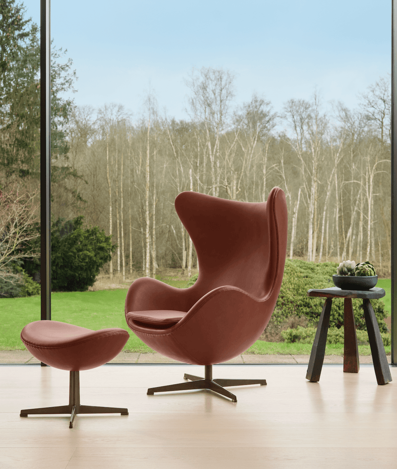 Egg™ Footstool - Fritz Hansen - Stools + Benches + Ottomans - Grace Walnut Leather - Satin Polished Aluminum - HORNE