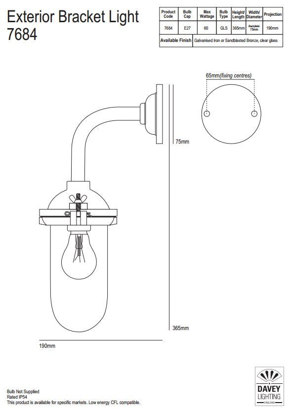 Exterior Right Angle Bracket Light (No Reflector) - Frosted Glass - Davey Lighting - Sale - HORNE