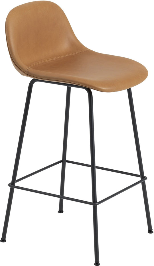 Fiber Bar Stool With Backrest - Tube Base - Muuto - Stools + Benches + Ottomans - Cognac Leather Seat & Black Base - HORNE