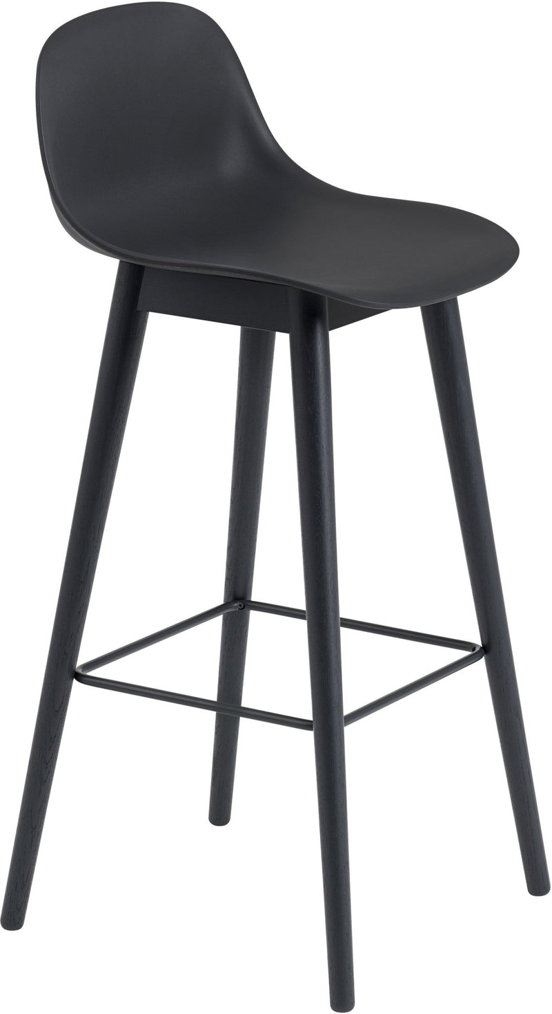Fiber Bar Stool With Backrest - Wood Base - Muuto - Stools + Benches + Ottomans - Black Seat & Black Base - HORNE
