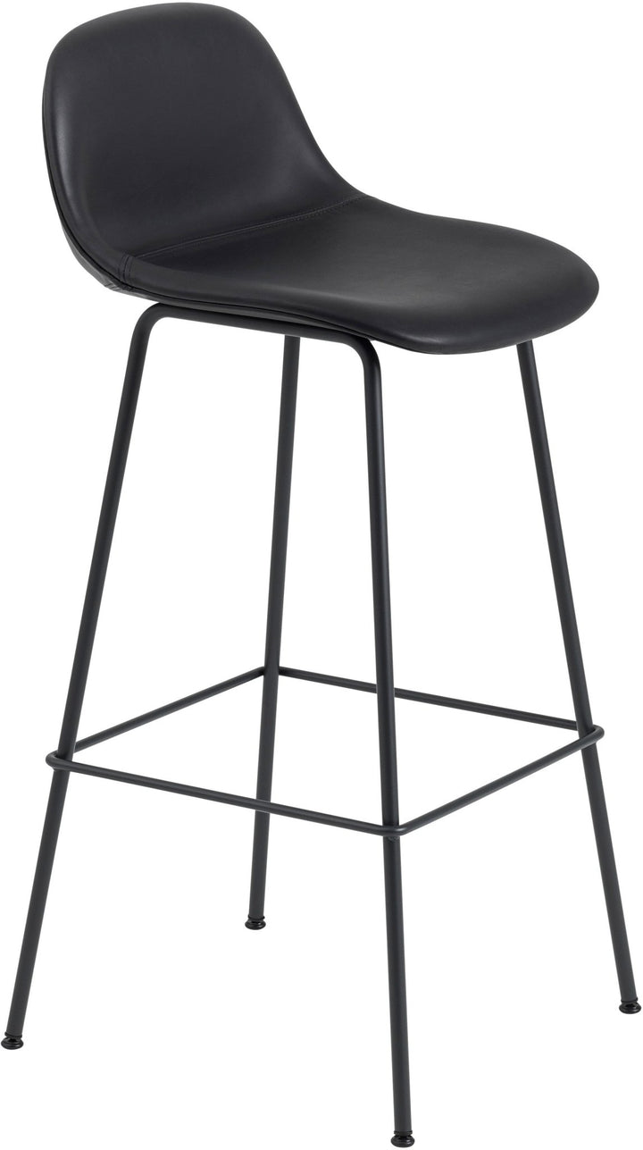 Fiber Counter Stool With Backrest - Tube Base - Muuto - Stools + Benches + Ottomans - Black Leather Seat & Black Base - HORNE
