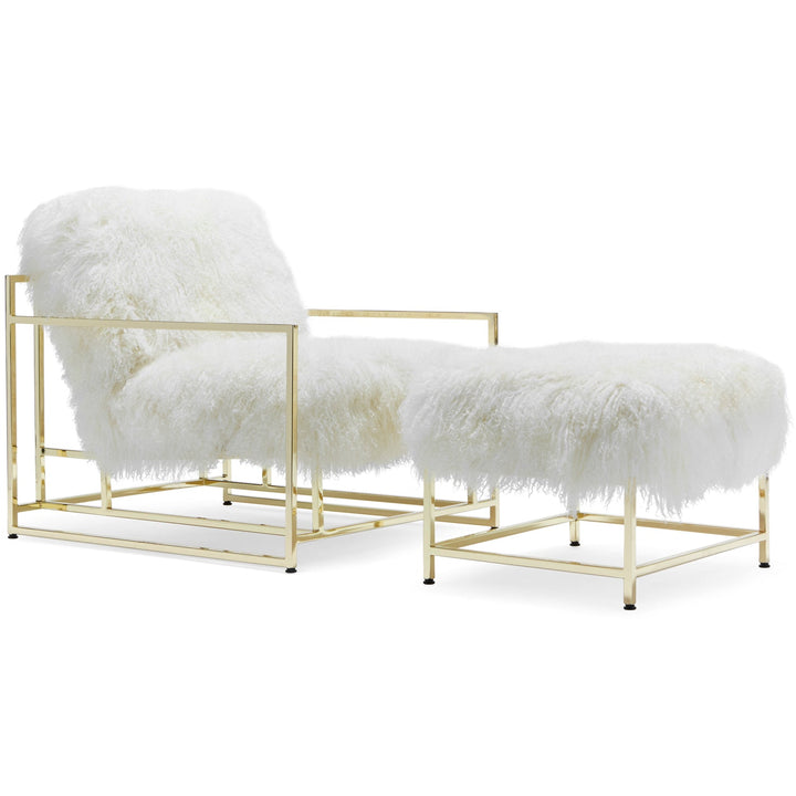 White Sheepskin and Brass Inheritenance Armchair + Ottoman