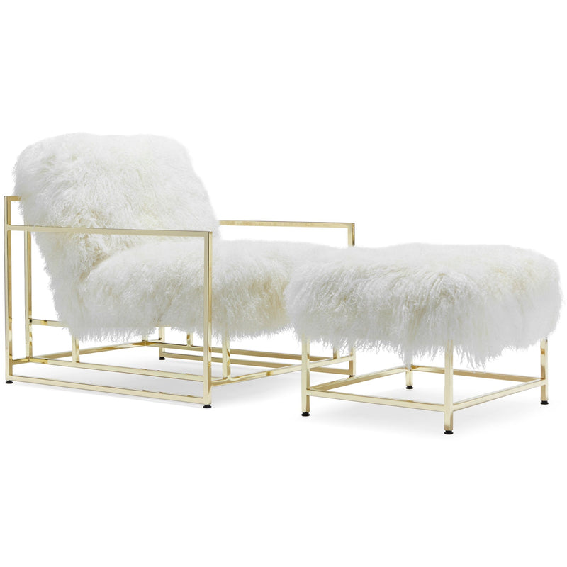 White Sheepskin and Brass Inheritenance Armchair + Ottoman