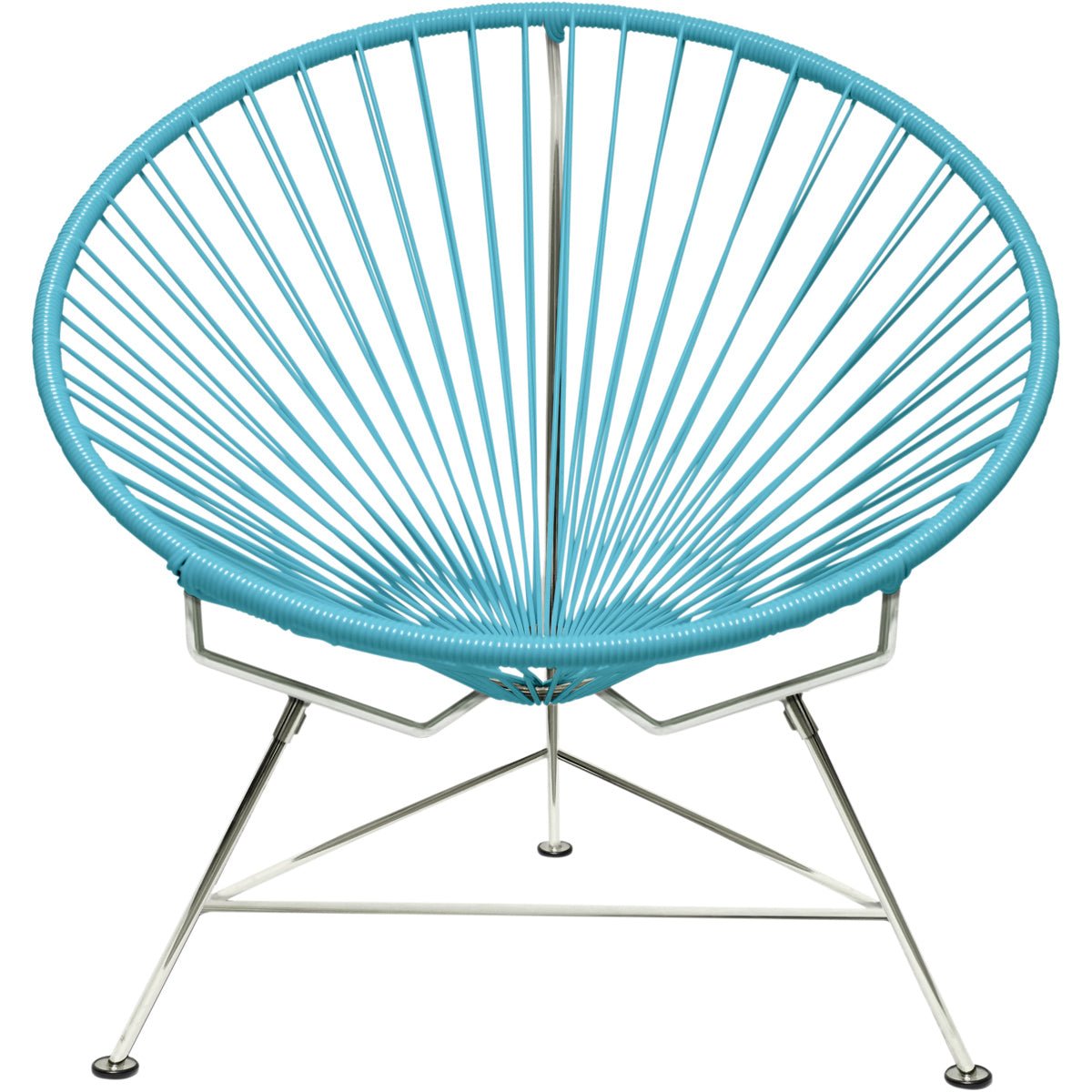 A light blue chair with a metal frame