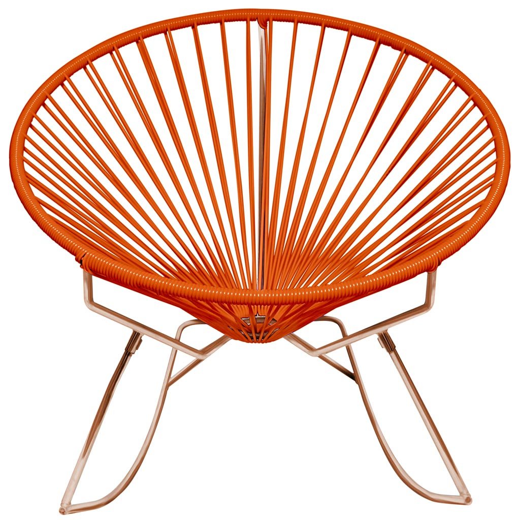 Round wicker sun chair in white with rose-gold legs, outdoor lounge chair