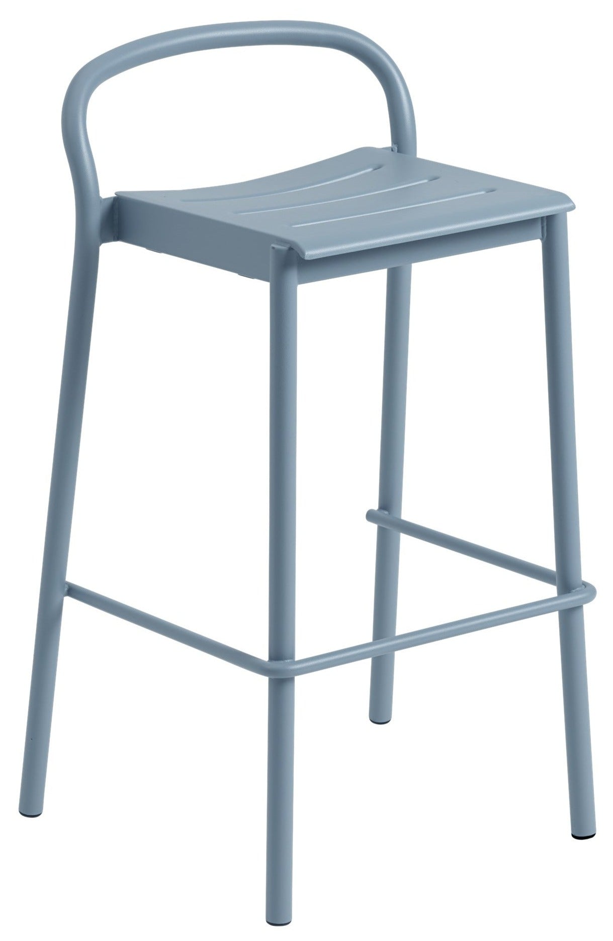 Dark gray metal bar stool with curved back and slatted seat, standard counter-height.