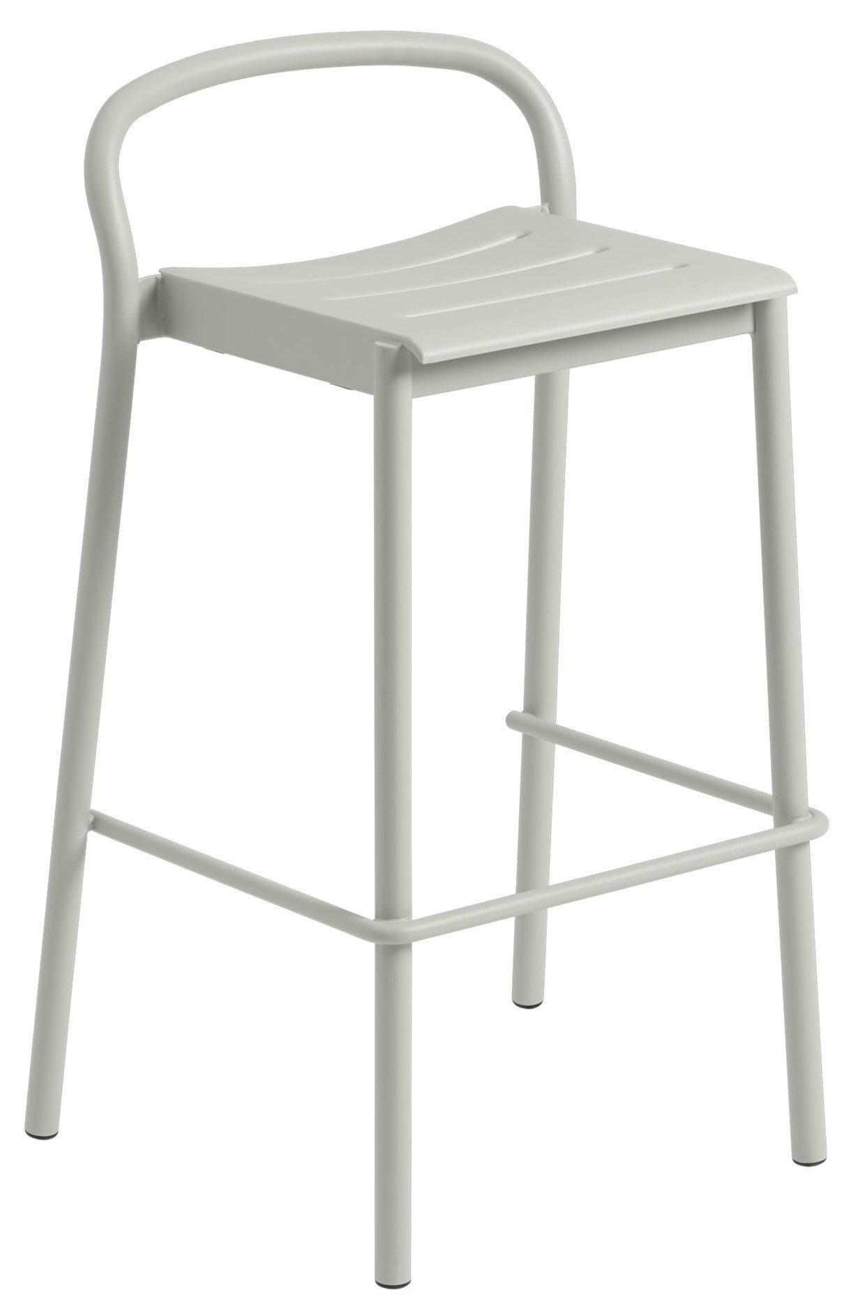 Beige/tan metal bar stool with curved back and slatted seat.