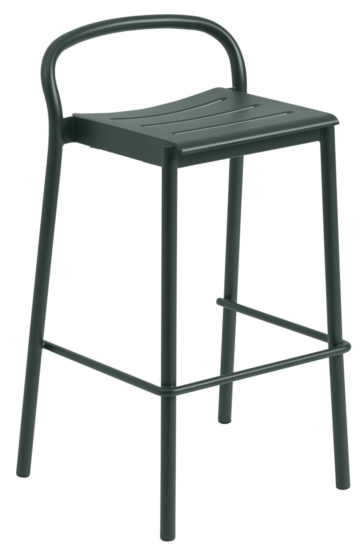 Blue-gray metal bar stool with curved back and slatted seat, single product.