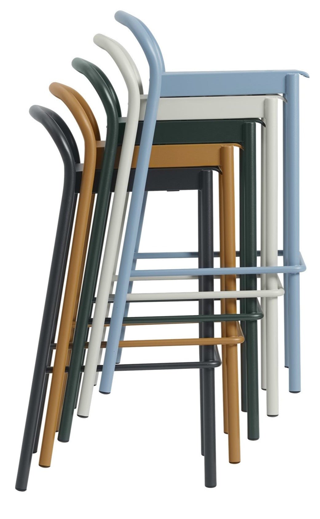 Single dark gray/black metal bar stool with curved backrest and slatted seat
