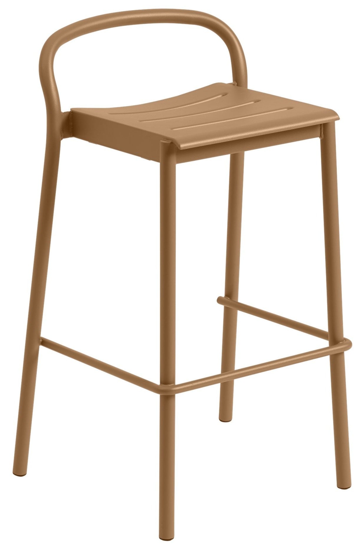 Single white metal bar stool with curved backrest and slatted seat