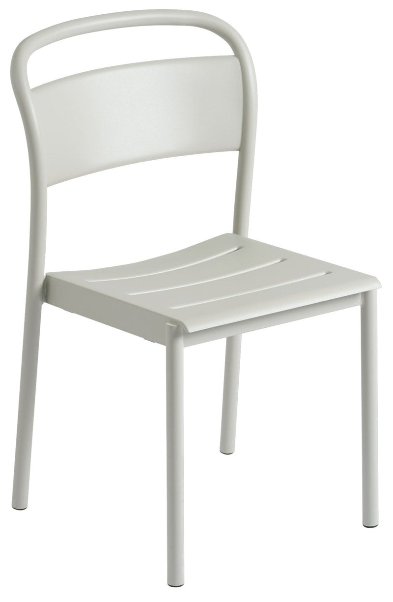 Beige/cream metal chair with curved backrest and slatted seat, simple outdoor dining chair.