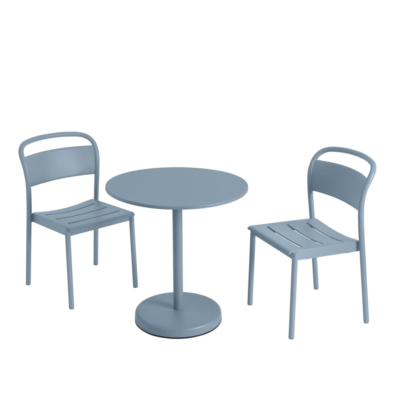 Light blue metal chair with curved backrest and slatted seat, part of outdoor 2-chair dining set with round table.