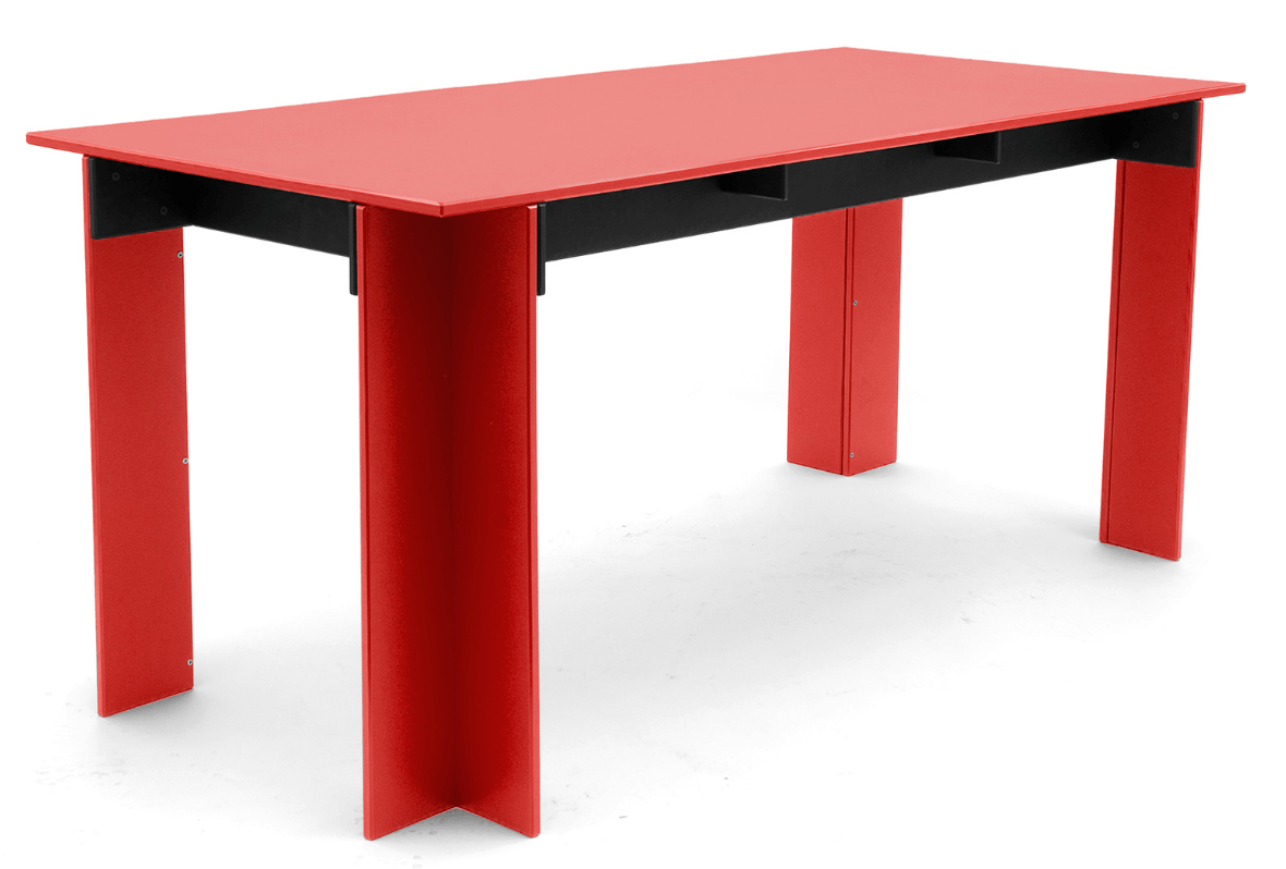 Light gray desk with black underside beam and gray legs, minimalist desk