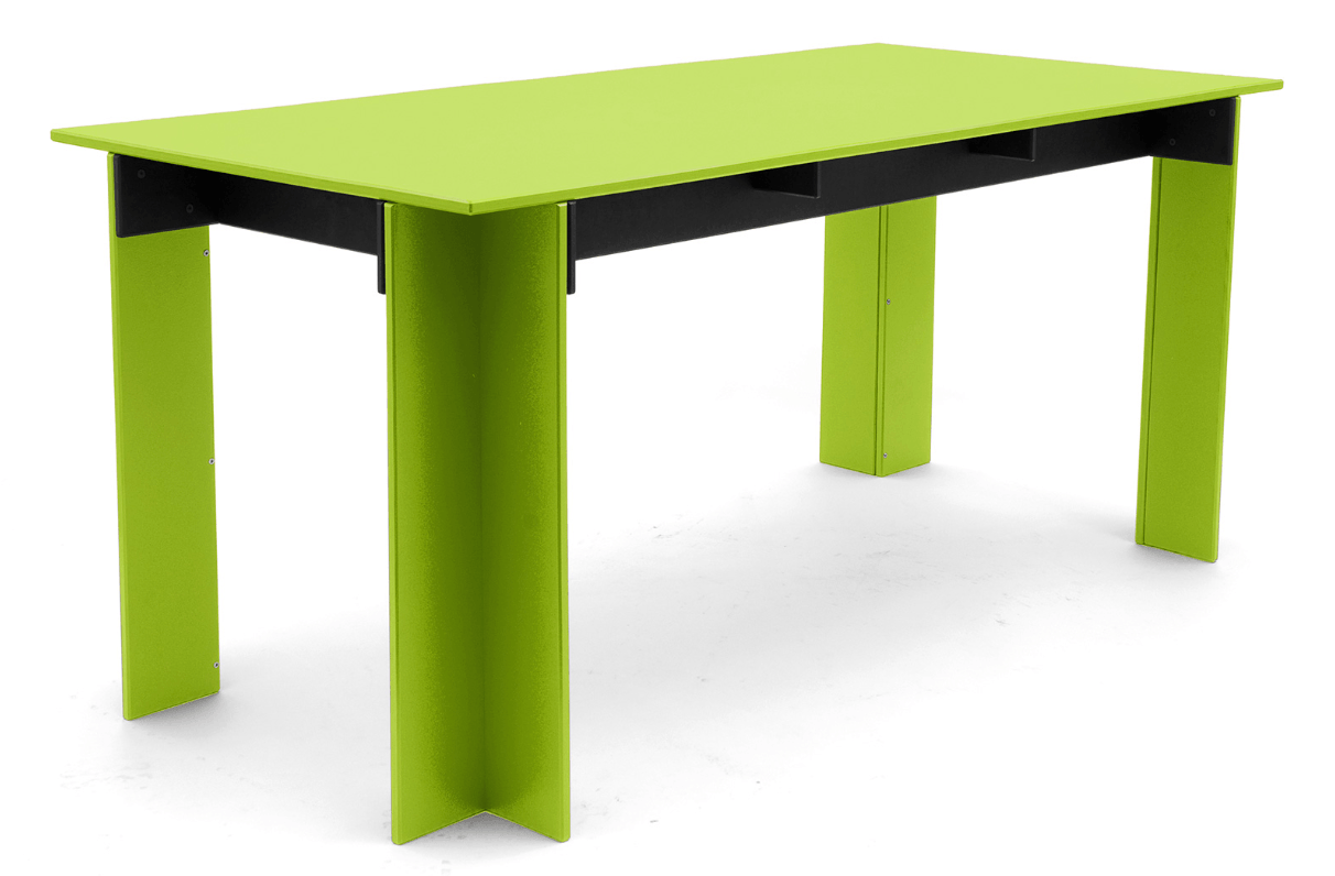 White wooden dining desk with a long black crossbar and two chairs in white color
