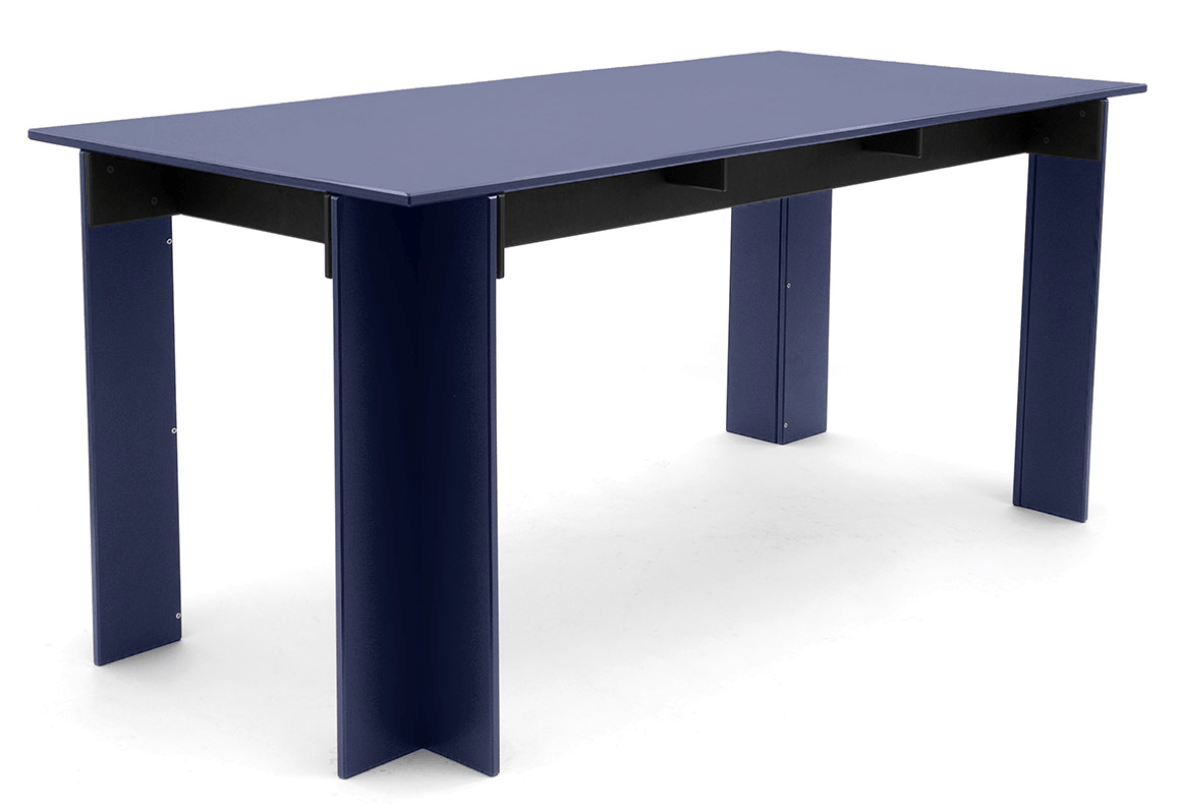 Light blue desk with black underside beam and matching blue legs, contemporary furniture